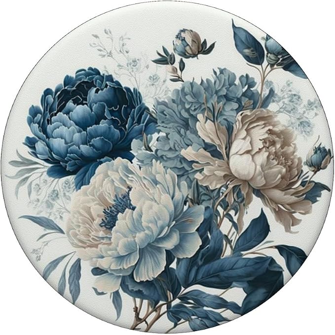 Navy Blue Peonies Blossom Leaves White Flowers Floral Girly PopSockets Adhesive PopGrip