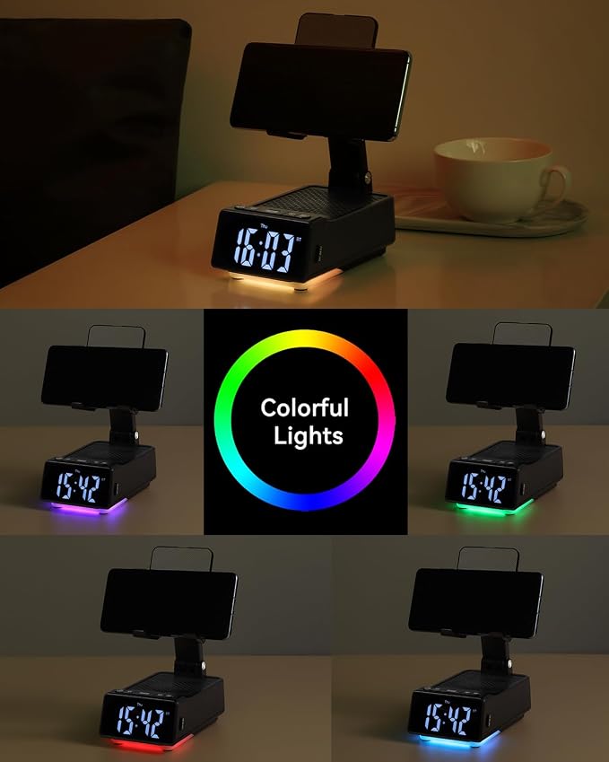 Birthday Gifts for Women Men 7 in 1 Multi-Function Phone Stand with Bluetooth Speaker Portable Charger Alarm Clock LED Light USB Playback Hands-Free Calling (Black)
