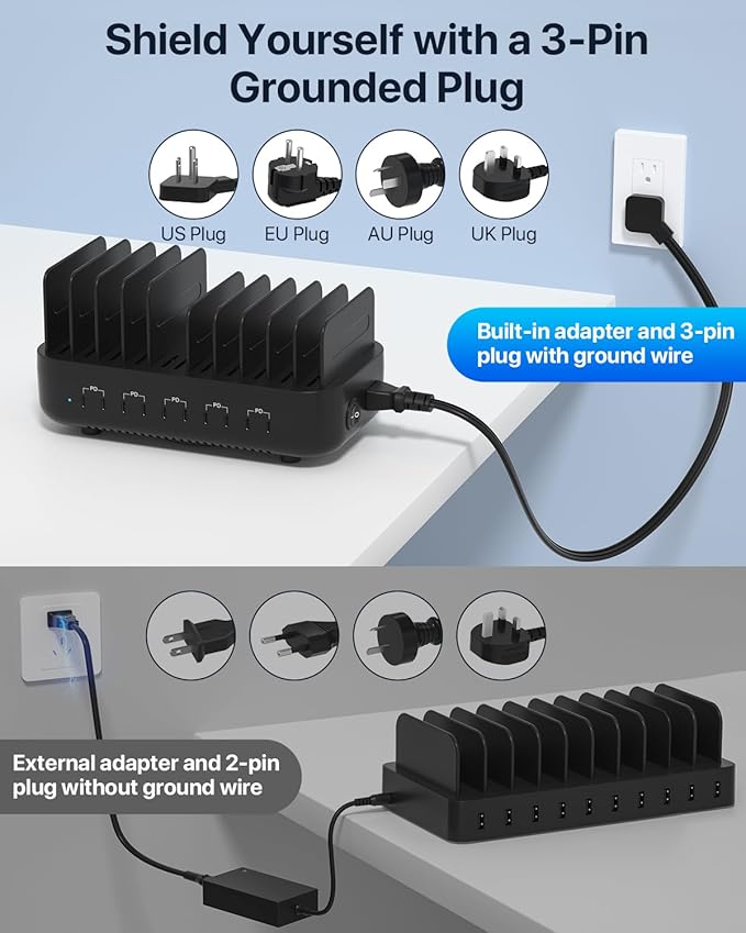 SooPii USB Charging Station,100W Fast Charging Station for Multiple Devices with 10pcs USB C Cables, 10-Port Type C Phone Charger Station Organizer Compatible with lPad,Tablet,Kindle and More(Black)