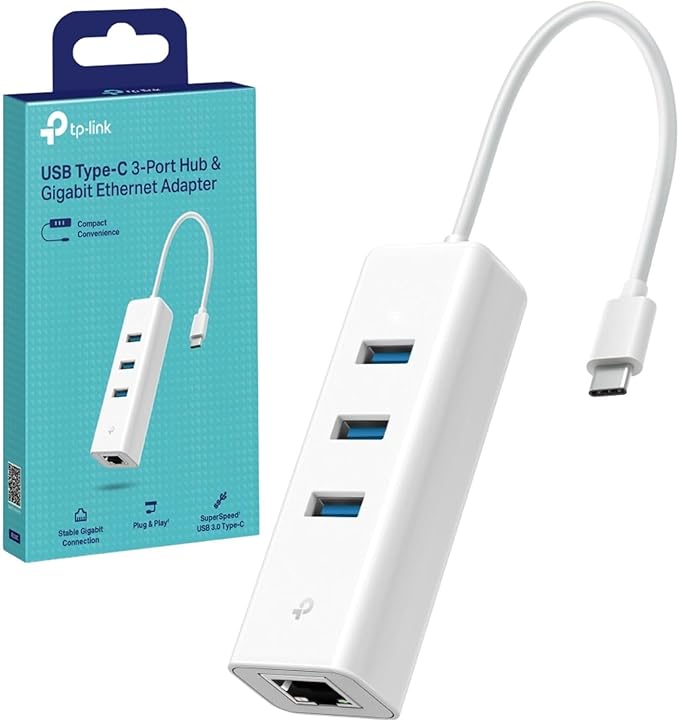 TP-Link UE330C USB-C 3.0 to Ethernet Adapter | Portable 3-Port USB-A 3.0 Hub w/ 1 Gigabit RJ45 Ethernet Port | Laptop Network Adapter | Plug & Play | Supports Win 7/8/8.1/10/11, Mac OS X (10.9-10.15)