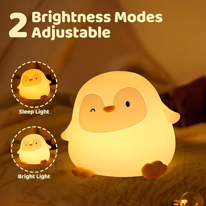Rytinazzz Penguin Night Light, 50-Hour Battery & Pat Control, Squishy Silicone Lamp for Kids Nursery, USB Rechargeable with Timer, Valentines Gifts