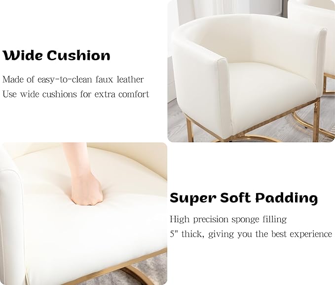 Faux Leather Dining Chair Modern Barrel Arm Chairs with Golden Metal Frame, Upholstered Kitchen Chairs 18.5" Wide Accent Chair for Living Room Dining Room Restaurant, White