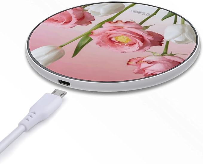 Pink White Flower Wireless Charger with Aluminum Alloy Frame Qi Certified Fast Wireless Charging Pad 10W Charging Station Portable Phone Charger for All Wireless Charging Phone
