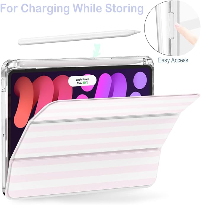 Feams Case for iPad mini 7 A17 Pro 2024/iPad Mini 6 2021 Slim Lightweight Trifold iPad mini 7 A17 Pro Case 8.3 Inch 2024 Clear Back Cover with Pencil Holder &amp Auto Sleep Blue Bow