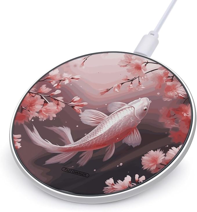 Pink Cherry Blossom Red Carp Wireless Charger 10W Fast Charging Pad Anti-Slip Qi Certified Wireless Charging Pad Charging Station Portable Phone Charger for All Wireless Charging Smartphone