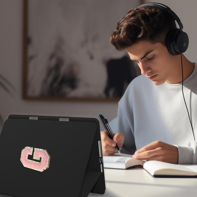 for iPad 9th Generation 10.2 Inch 2021/2020/2019 Case Initial Chenille Letter Suture Personalized for iPad 9th/8th/7th Generation Case with Auto Sleep/Wake Pencil Holder (Black A)