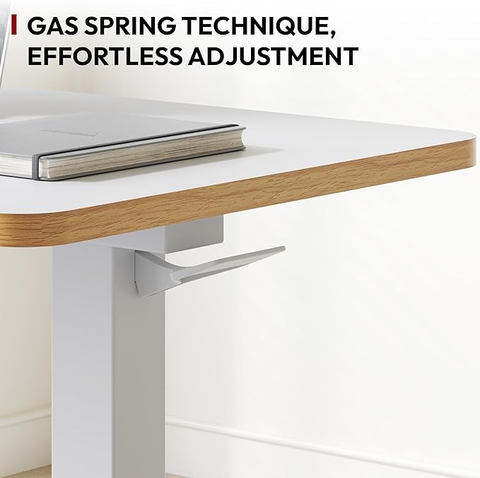 SANODESK Mobile Standing Desk with Hidden Wheels,Pneumatic Laptop Desk Rolling Computer Cart Movable Height Adjustable Small Sit Stand Desk for Home Office(31.5" W x 17.7" D, White+Maple Band)
