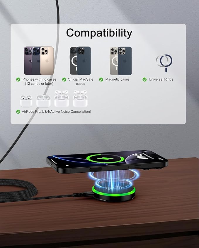 Pixel 10 Pro XL 10a Magnetic Wireless Charger Fast Charging Pad for Google | 15W Magsafe Wireless Charger Mat with 3ft USB-C Cable for Pixel 10 10 Pro XL 10Pro Fold 10a 9 8 7， Samsung S26 Ultra