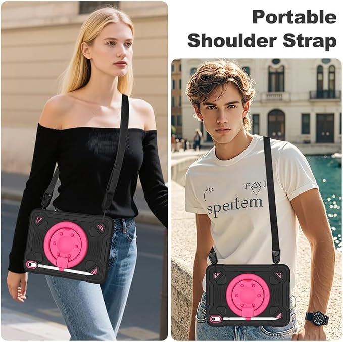 Case for iPad A16 11th / 10th Gen 10.9-Inch 360° Rotating Kickstand | Kids Shockproof Protective Cover with Handle Shoulder Strap &amp Pencil Holder Durable Silicone Case for Girls Black
