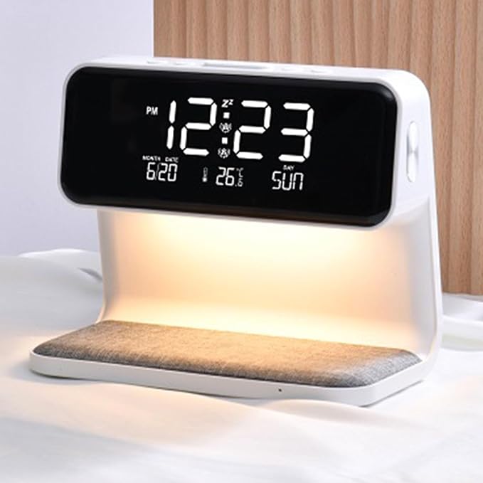 3 in 1 Wireless Charging Digital Alarm Clock with 15W Fast Charger Night Light Date Temperature Display for Bedroom Desk