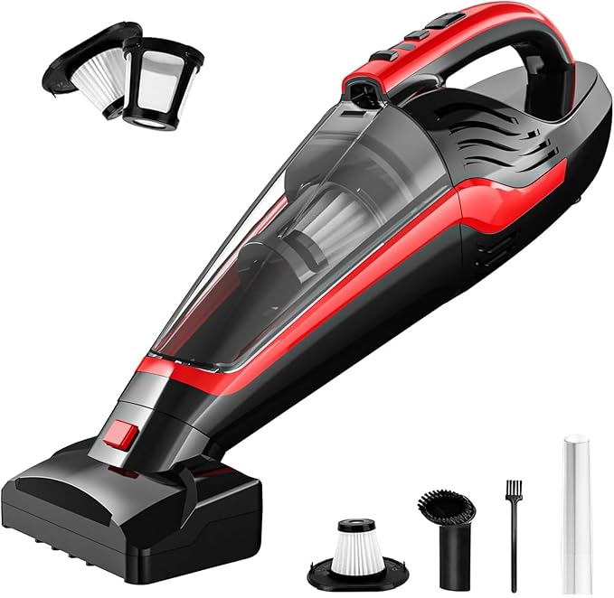 Powools Pet Hair Handheld Vacuum Cordless, Car Vacuum Rechargeable with Reusable Filters, Motorized Brush and Multi-Accessories for Carpet, Couch & Stairs, Red, 17.0"X 4.6"X 6.6"