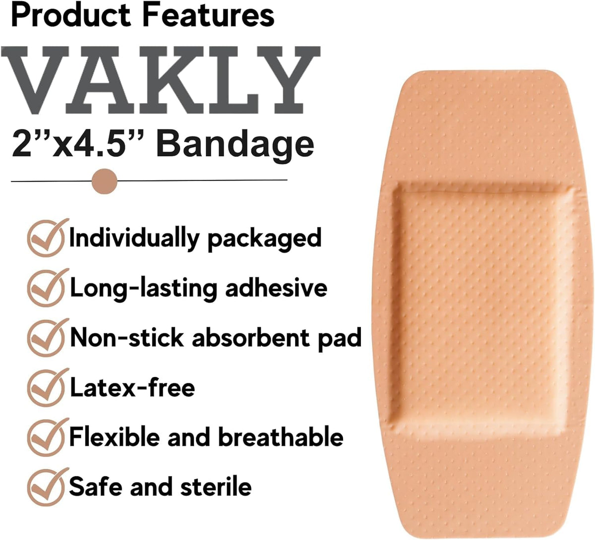 Vakly Extra Large Adhesive Bandages 2 x 4.5 in (100 Pack) – Sterile Sheer Plastic Bandages with Non-Stick Pad, Breathable Flexible 4-Sided Seal, Latex-Free First Aid Wound Care