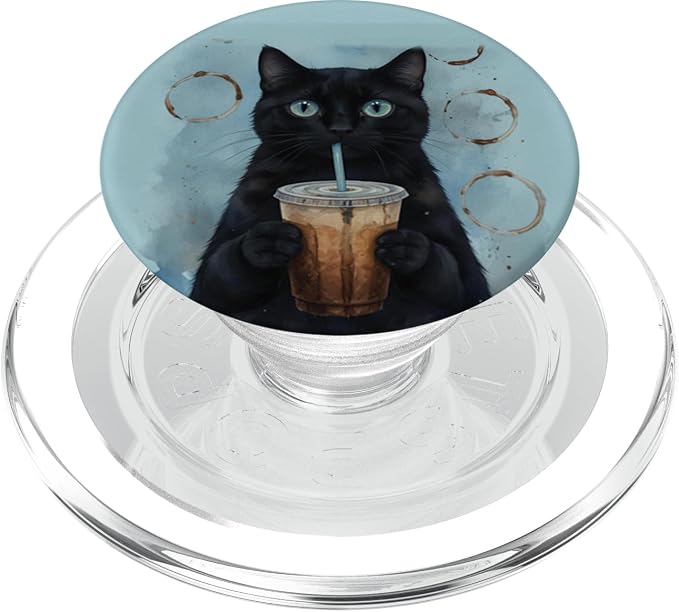 Blue Black Cat Coffee Lover Illustration Print PopSockets PopWallet for MagSafe
