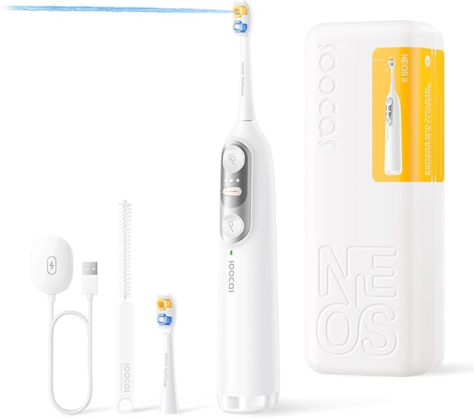 Soocas NEOS II - Electric Toothbrush with Water Flosser, Sonic Electric Toothbrush for Adults, Cordless Water Flosser for Travel, Portable Oral Irrigator, Up to 100% Plaque Removal, Pearl White