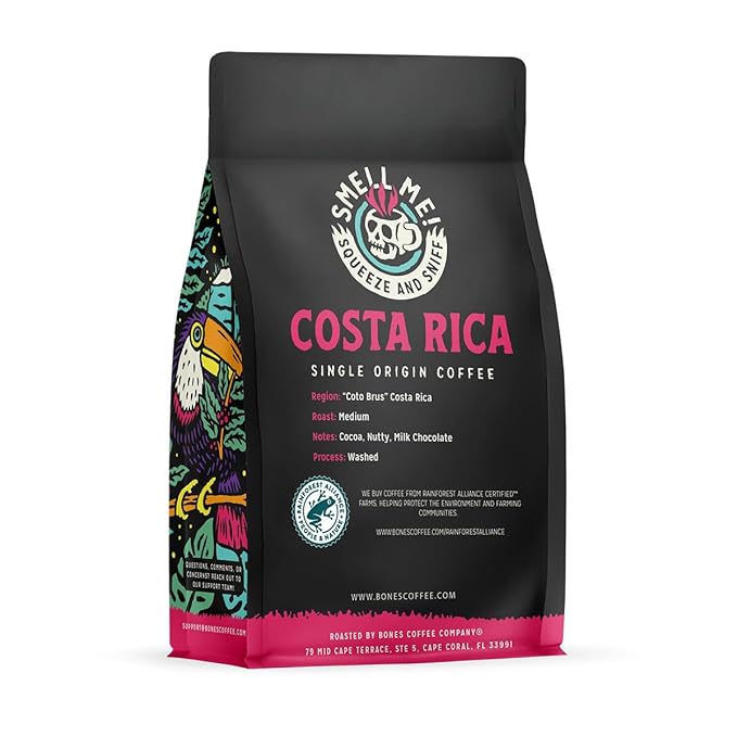 Bones Coffee Company Costa Rica Single-Origin, Cocoa, Nutty and Milk Chocolate Notes, Whole Coffee Beans, Low Acid Medium Roast Arabica Beans Flavored Coffee for Auto drip, 12 oz Whole Bean