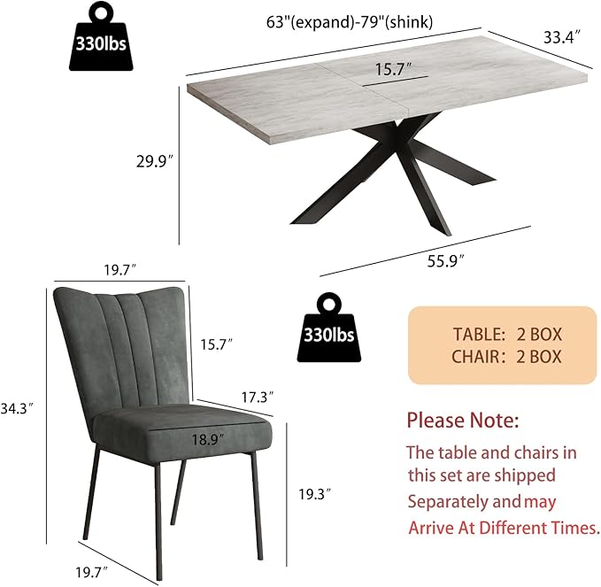 ZckyCine 6-Piece Extendable Dining Table Set, Modern 63''–79'' Grey Wood Table with 6 Grey Fabric Chairs, Dining Room Table and Chairs for 6, Ideal for Kitchen or Dining Room