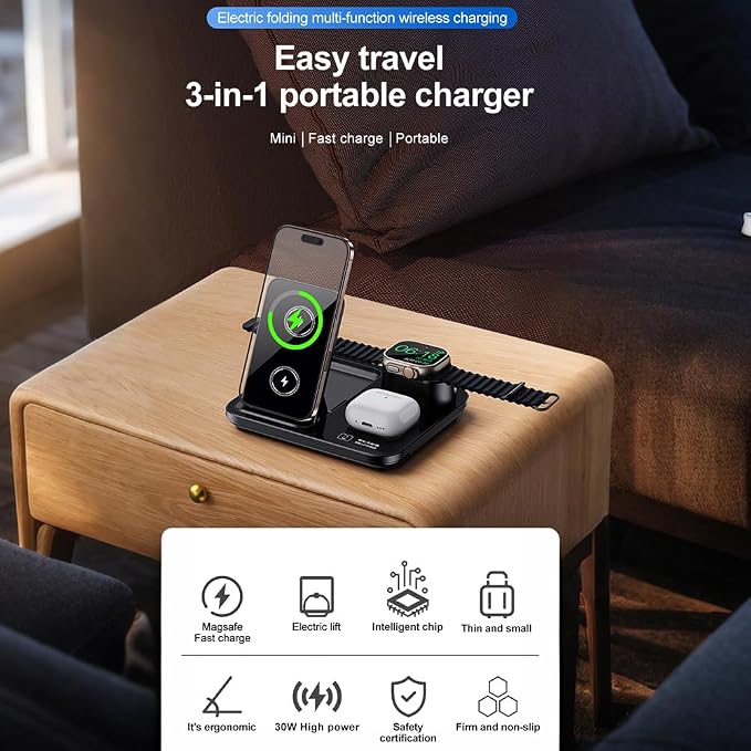 IHAO 3in1 Multifunctional Foldable Wireless Charging Station with LED Ambient Night Light Fast QC3.0 Charger for Phone iWatch Headphone Space-Saving Auto-Shutoff &amp Overcharge Protection-Black