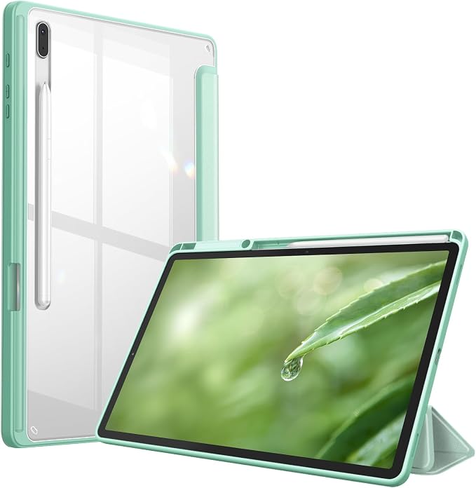 Fintie Clear Case for Samsung Galaxy Tab S8 Plus/ S7 FE/ S7 Plus 12.4 Inch | Transparent Back Shell Viewing &amp Typing Angles Shockproof S Pen Holder Auto Wake/Sleep Black