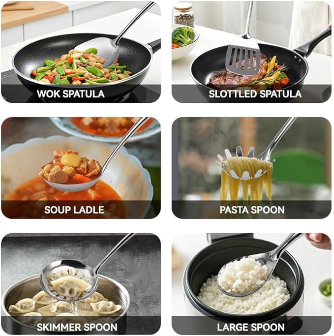 VALESKA 6PCS Stainless Steel Cooking Utensils Set,Metal Kitchen Utensils Set, Include Wok Spatula Stainless Steel,Metal Pasta Spoon and etc,Easy to Clean