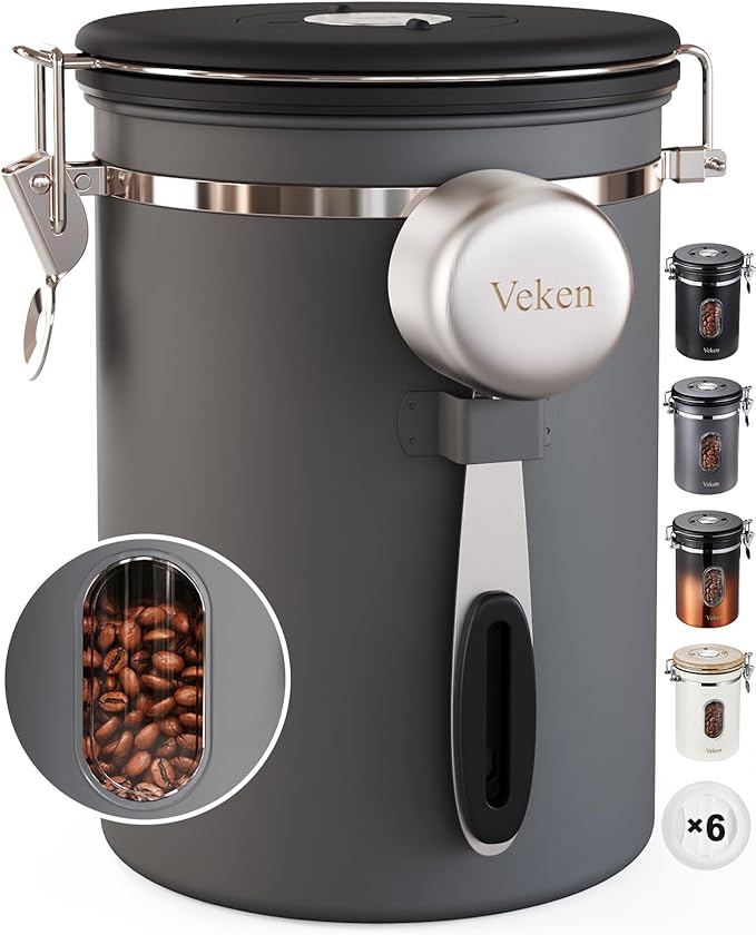 Veken Coffee Canister with Window,Airtight Stainless Steel Kitchen Food Storage Container, Date Tracker & Scoop for Grounds Coffee, Beans, Tea, Flour, Cereal,Sugar,22OZ,Grey