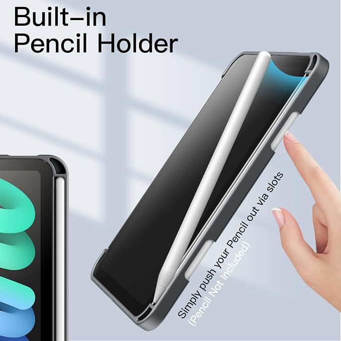 JETech Case Cover for iPad mini A17 Pro/6th Gen (2024/2021) Black | Clear Transparent Back Pencil Holder Slim Shockproof Protection Tri-Fold Stand Auto Wake/Sleep