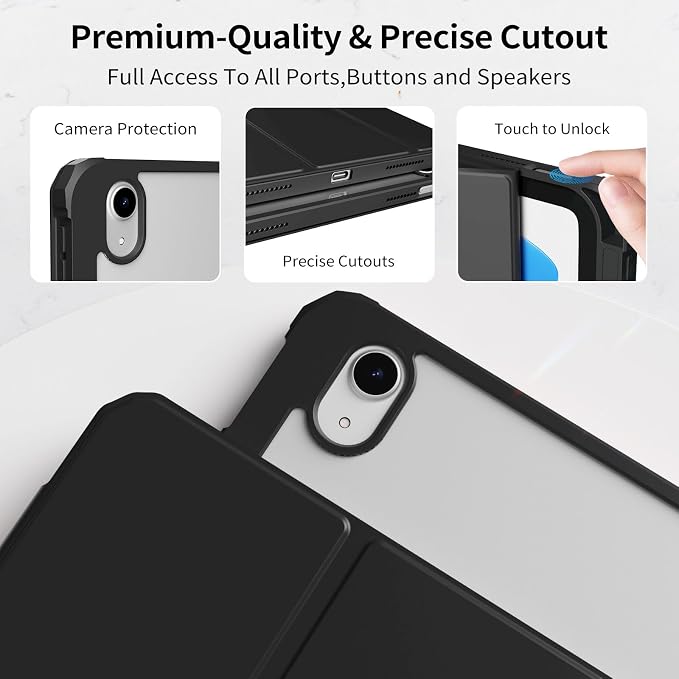 Detachable Case for iPad A16 11th Gen 11/10th Gen 10.9 Black | Slim Transparent Shell Back Soft Shockproof TPU Frame Without Pencil Holder Auto Sleep/Wake