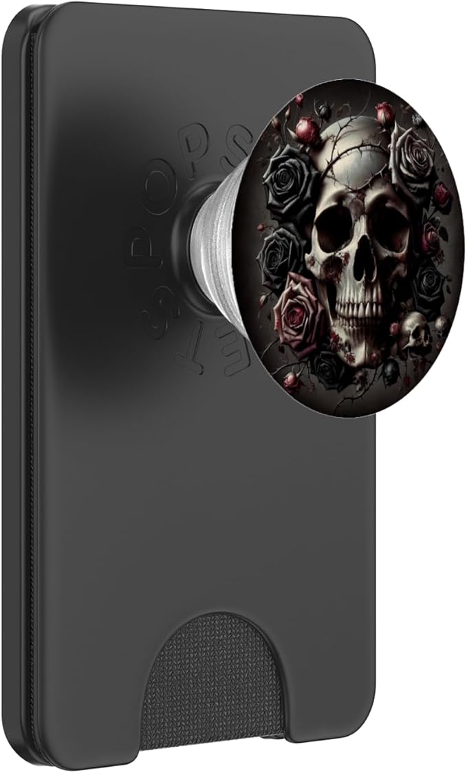 Skull and Roses Floral Black Dark Goth Horror Skull PopSockets PopGrip for MagSafe