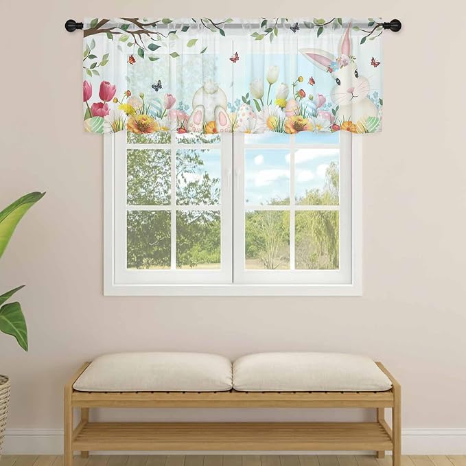 Easter Sheer Valances for Windows 42"x12", Light Filtering Kitchen Curtains