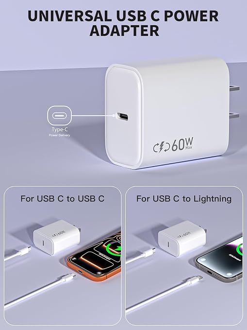 USB C Charger Block Fast Charging iPhone 17 Pro Charger40-60W Dynamic AdapterMax 60 Watt Fast Apple USBC Plug Compatible with iPhone 17 16 15 14 13 12 11 SeriesiPad Mini Pro AirMacBook AirAirPods