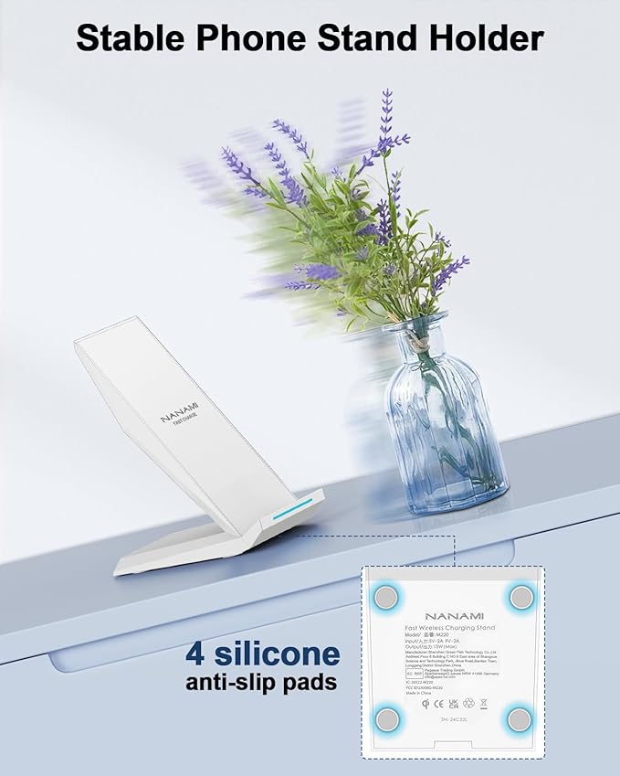 NANAMI Fast Wireless Charger - Qi Certified Charging Stand 7.5W Compatible iPhone 16/16 Plus/16 Pro/16 Pro Max/15/14/13/12,10W for Samsung Galaxy S24/S24 Ultra//S23/S22/21/S20 and Qi-Enabled Phones