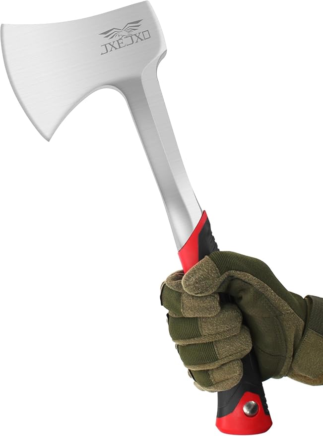 JXE JXO 14.4" Camping Hatchet with Full Tang Forged Construction & Ergonomic Shock Absorbing Grip, Hatchet Axe with Nylon Sheath (Red