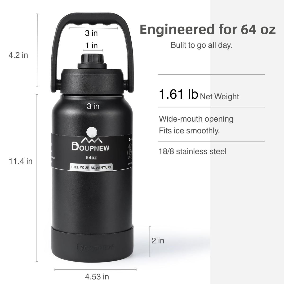 Doupnew 64oz Water Bottle,Half Gallon Stainless Steel Insulated Bottle with Leak Proof Dual-Mode Lid,Straw & Chug Drinking,Large Handle,Keeps Cold 24H Hot 12H for Gym,Outdoor & Use(Forest Green)