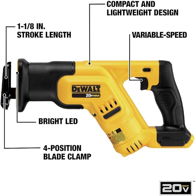 DEWALT 20V MAX Cordless Reciprocating Saw, Compact, Variable Speed, LED Light, Bare Tool Only (DCS387B)