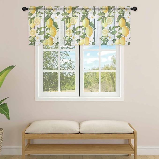 Spring Summer Lemon Sheer Valance Curtains, Leaf Flower White Wood Grain Light