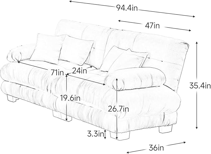 94.4” Oversized Loveseat Sofa, 2 Seater Modular Sectional Sofa, Blue Large Sectional Couches for Living Room, Fluffy Chenille Fabric Cloud Couch with 4 Pillows, Deep Seat Sofas