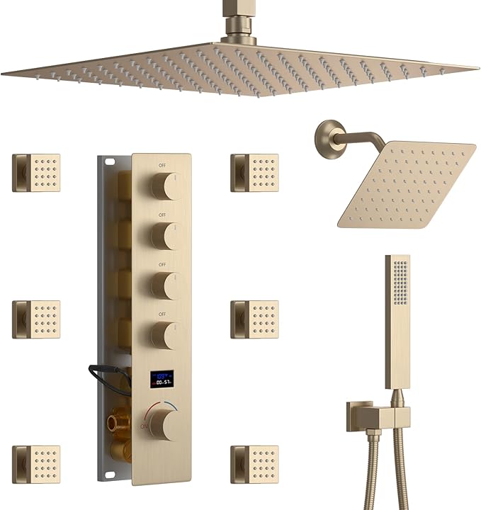 KATAIS Shower Faucet Set Brushed Gold Shower System, Temperature Display Shower Faucet with 12 inch Ceiling Mount and 8 inch Wall Mount Shower Head, with 6 PCS Body Jet and Handheld Spray