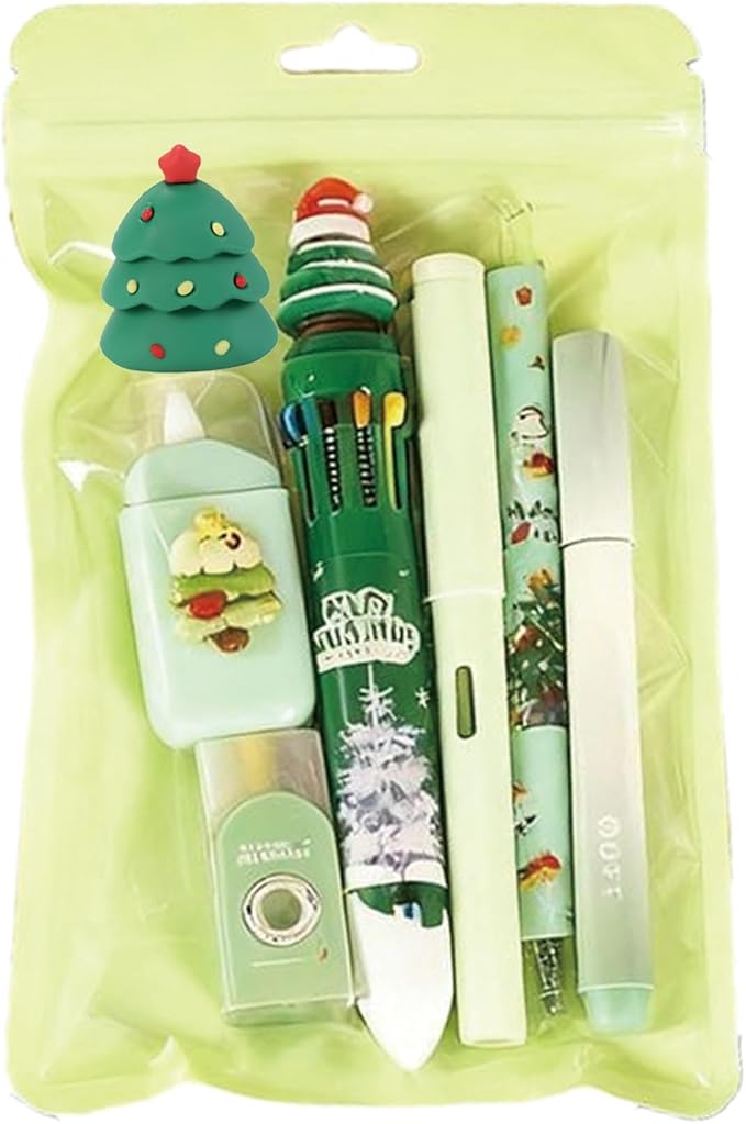 7 Pcs Cute Xmas Stationery Set Kawaii Christmas School Supplies Office Supplies Including Ballpoint Pens Pencil Sharpener Highlighter Correction Tape Eraser (X-mas(Green))