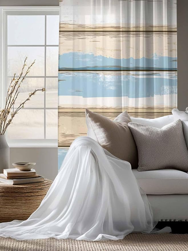Sheer Curtains 63 Inch Length, Vintage Geometric Blue Semi Sheer Curtains Light