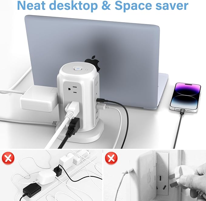 AiJoy Flat Plug Power Strip Tower 9 Outlets and 5 USB Ports (2 USB-C), 1200J Surge Protection, 6.5ft 1625W Extension Cord Charging Station for Home Office Supplies, Dorm Room Essentials