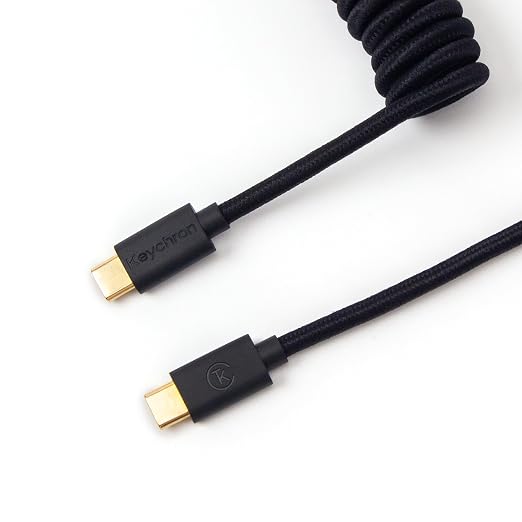 Keychron Custom Coiled Aviator USB-C Cable Black 5-Pin (GX12) Detachable Metal Connector USB-A Adapter Durable Braided Cable for Mechanical Keyboards Charging &amp Data Transfer
