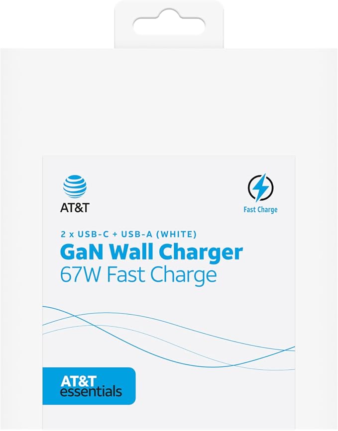 AT&ampT Essentials Multi Port 67W GaN Wall Charger with LED Display (2 USBC + 1 USBA) - White