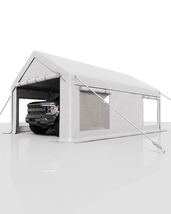 Heavy Duty Carport Canopy 12x20 FT Outdoor Storage Shed – Portable Metal Garage Tent Shelter with Removable Sidewalls & Doors, Car Boat Truck Cover for Driveway, RV, Motorcycle,White