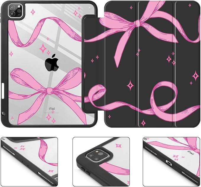 Tuiklol for iPad Pro 11 Inch 4th / 3rd / 2nd / 1st Gen (2022 2021 2020 2018) Case -Built-in Pencil Holder Shockproof Cover Clear Transparent Back Shell with Auto Wake/Sleep Black Flower