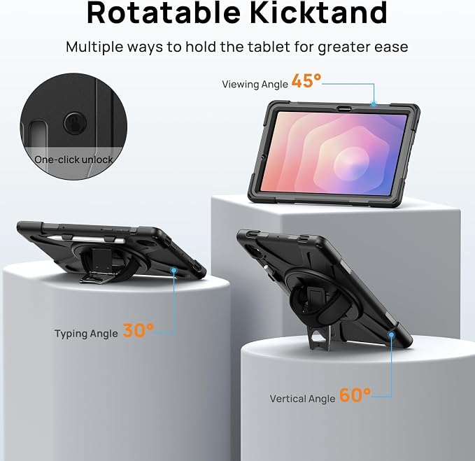 Gerutek Case for Samsung Galaxy Tab S10 FE+/ S10 FE Plus 2025 13.1 Inch Full-Body Drop Protective Case with Screen Protector Pen Holder 360° Rotate Hand Strap &amp StandShoulder Strap Black