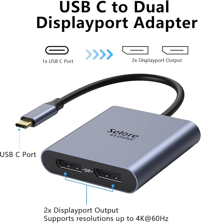 USB-C to Dual 4K DisplayPort Splitter Adapter, USB Type C to Displayport Dual Monitor Converter 4K 60HZ, USB C Displayport Hub Compatible for Dell XPS 13 15,Lenovo Yoga,Sumsung Chromebook,HP etc