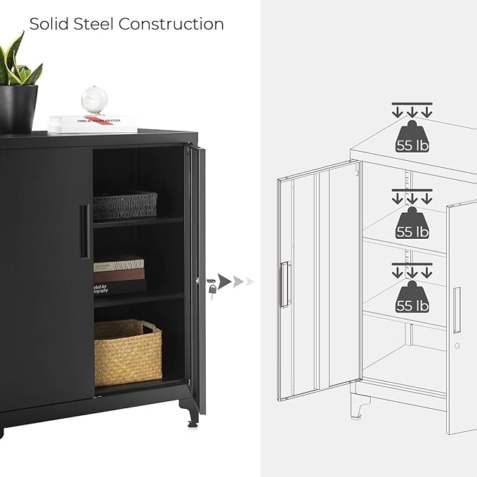 SONGMICS Garage Cabinet, Metal Storage Cabinet with Doors and Shelves, for Home Office, Garage and Utility Room, Black UOMC013B01