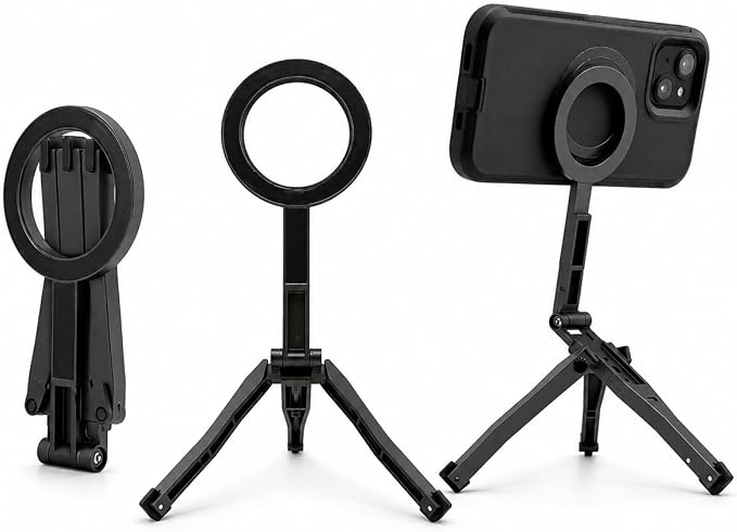 MagSafe Magnetic Foldable Phone Tripod for iPhone &amp Android | Strong magnetic hold • Pocket size • Foldable design • FaceTime • Video recording • Selfie grip • Travel stand • Desk stand