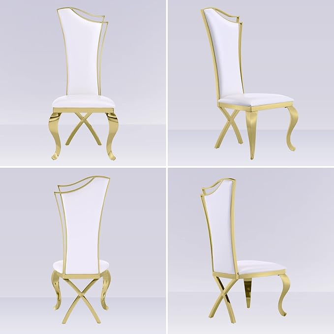White and Gold Dining Chairs Set of 6, White PU Leather Dining Room Chair with Gold Polished Metal Legs, Glam Upholstered Kitchen Chairs for Dining Room, Kitchen, Living Room