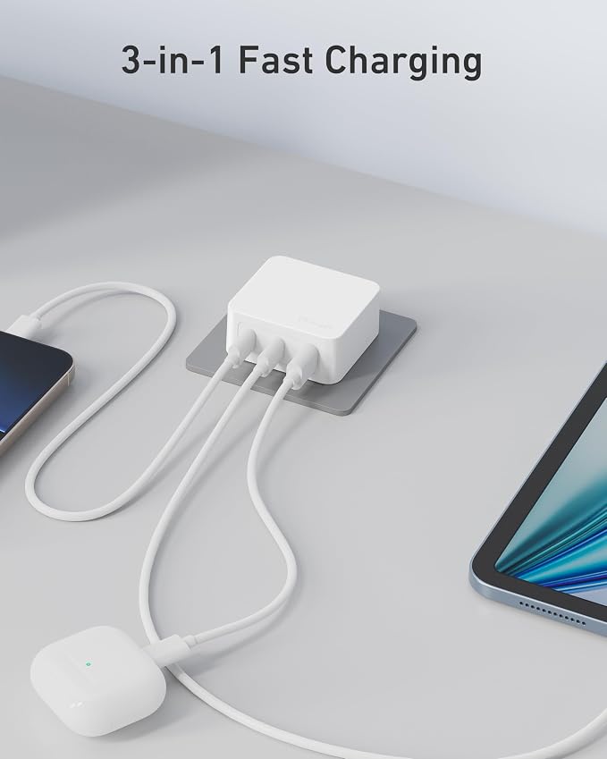 Nekmit 67W Flat USB C Charger Block 3-Port GaN Fast Wall Charger USB C Wall Plug for MacBook Pro/Air iPad iPhone Galaxy and More