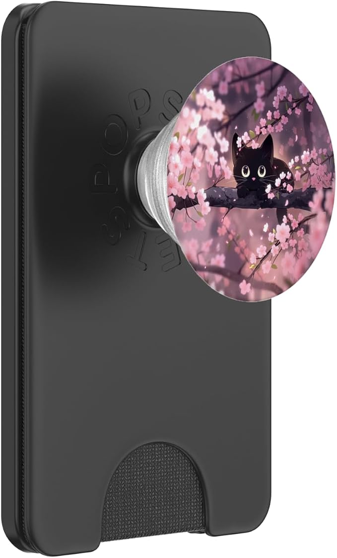 Cute Black Kitten Cat Cherry Blossom Meow Kawaii Anime Cat PopSockets PopGrip for MagSafe